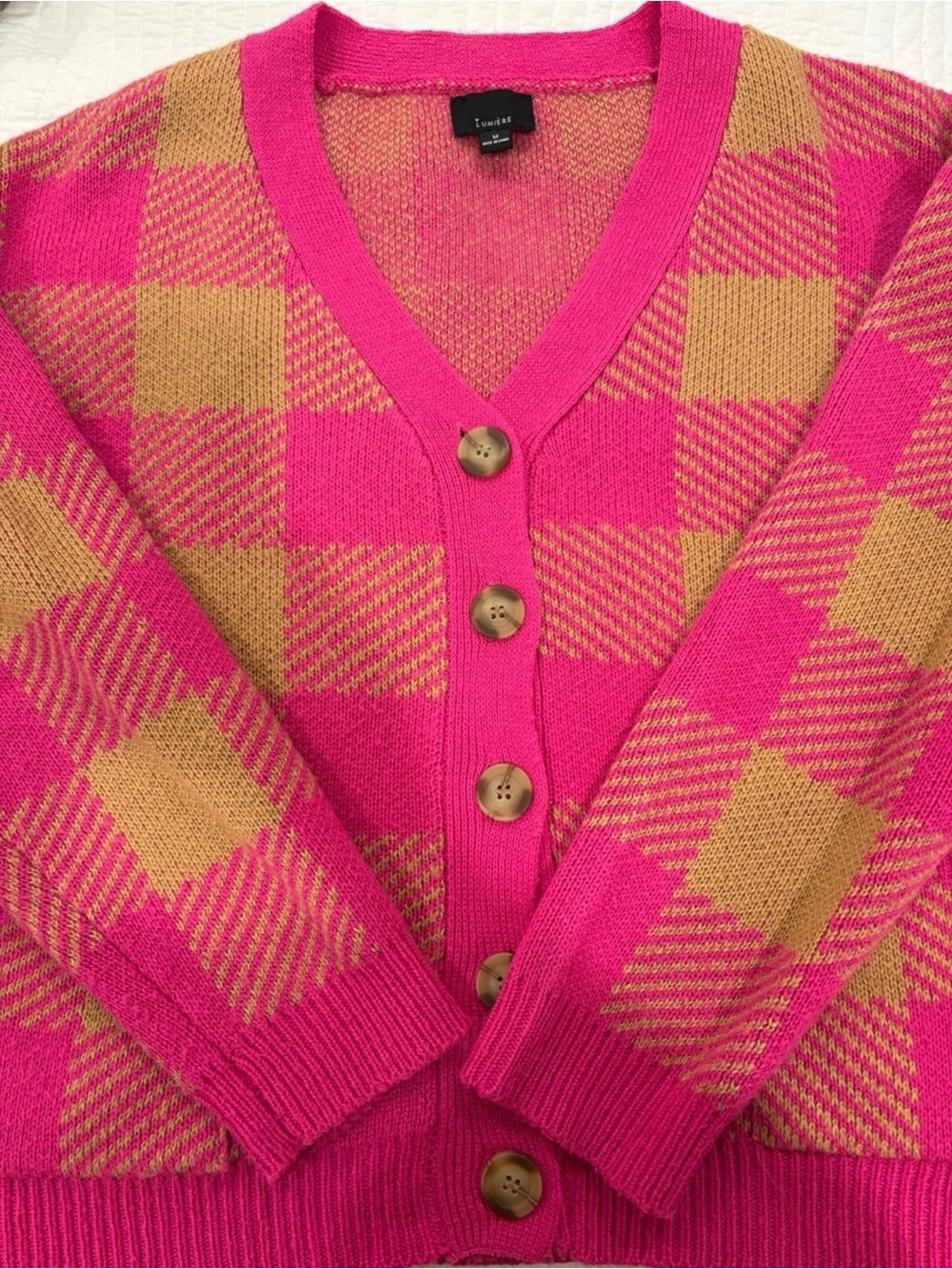 Lumiere Hot Pink Tan Plaid Cardigan V-Neck Button Front | Size M